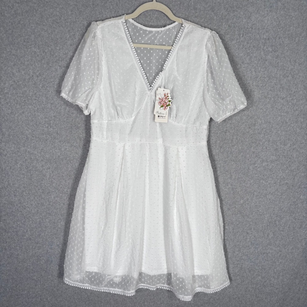NEW Swiss Polka Dot Mini Dress Large White Puff Sleeve Poms Coquette Feminine